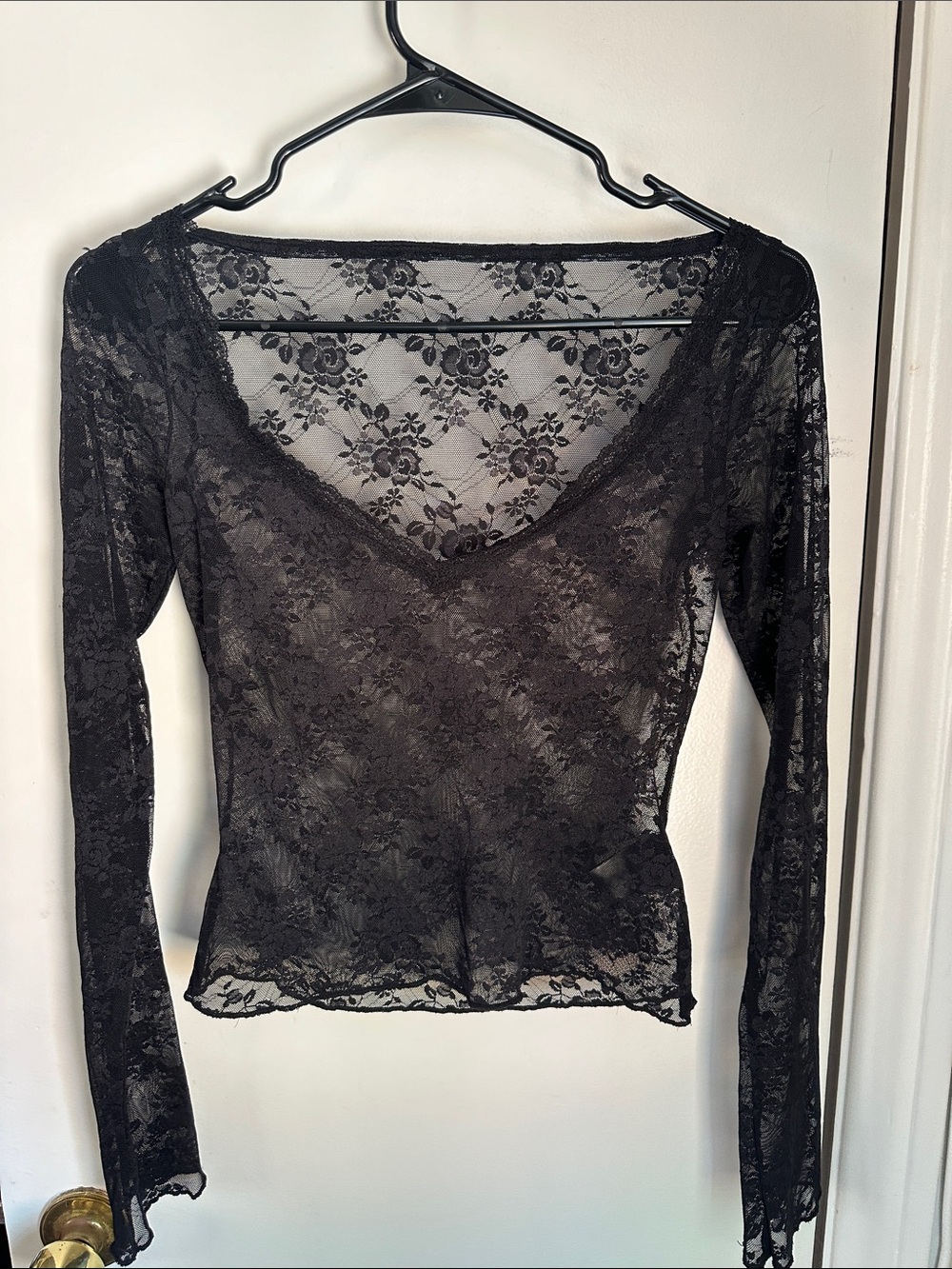 Sheer Black Lace Long-Sleeve V-Neck Top